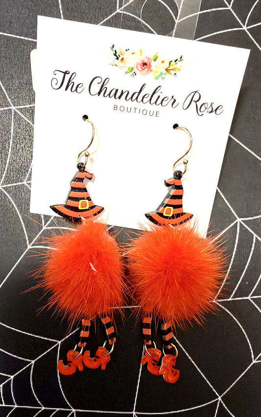 Fuzzy Orange Witch Earrings