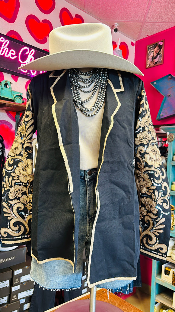 EMBROIDERED MIX SEQUIN BLACK BLAZER JACKET