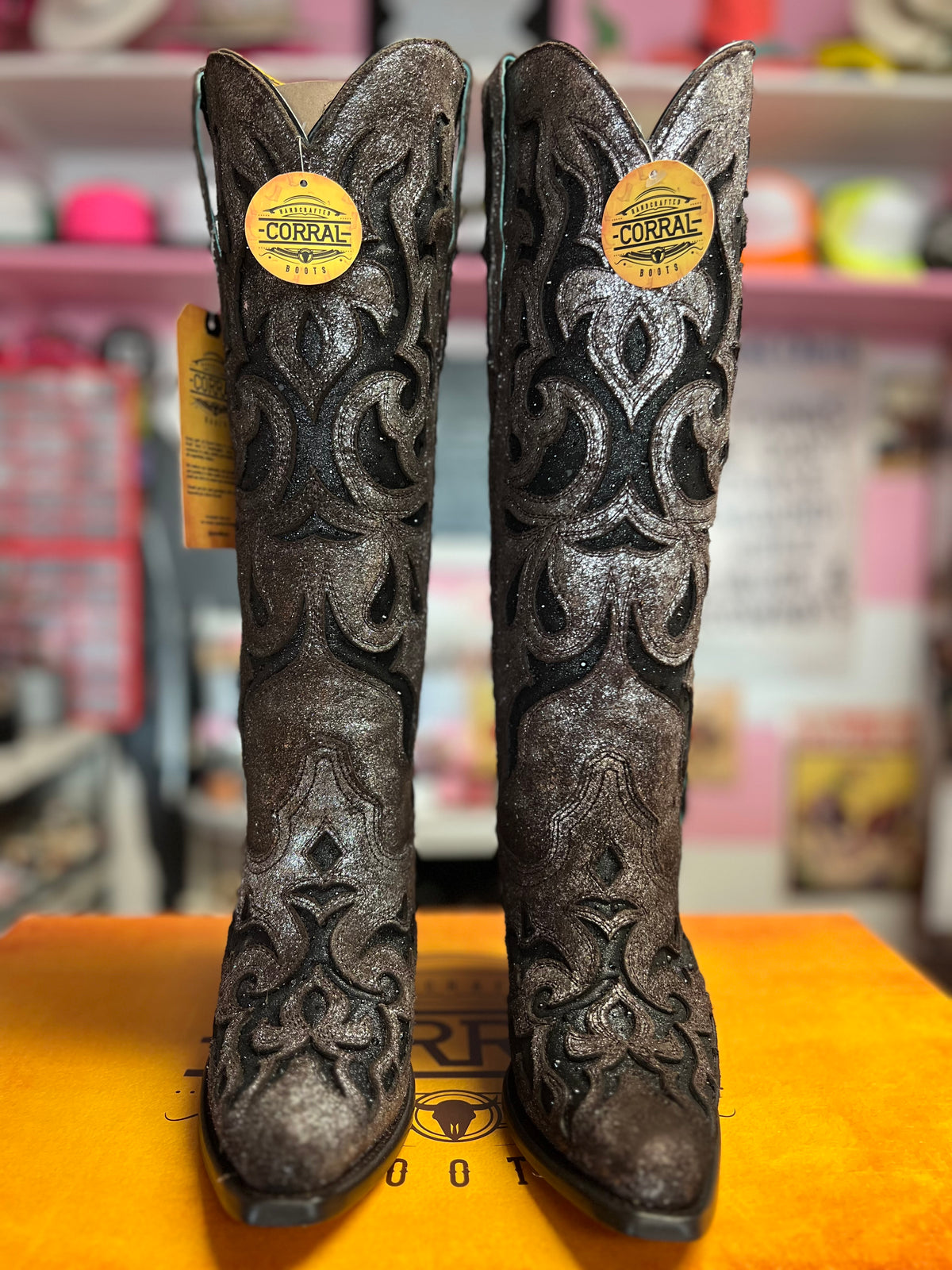 CORRAL WOMEN'S BROWN/BLACK EMBROIDERY & GLITTER CRYSTAL INLAY TALL WESTERN BOOT - Z5353