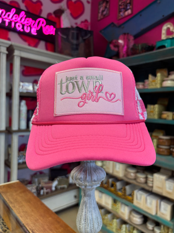 JUST A SMALL TOWN GIRL TRUCKER CAP - PINK CHECKERED BACK