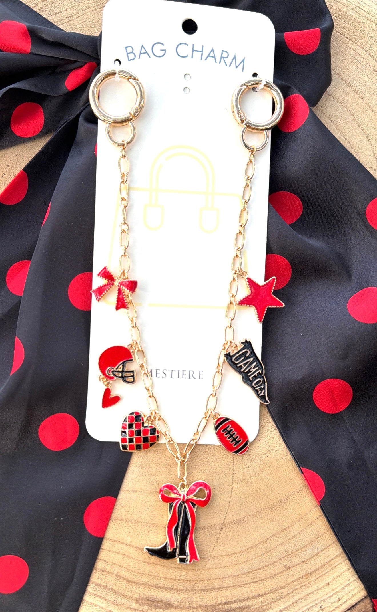 Game Day Bag Charm Boot Bow -  Red and Black