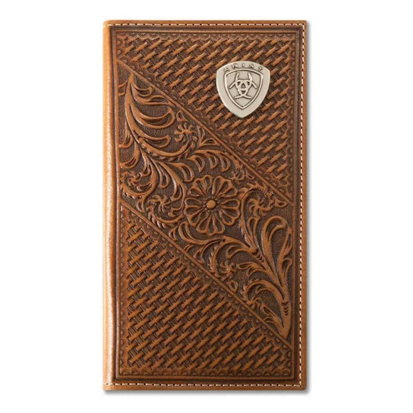 ARIAT MENS RODEO STYLE WALLET BASKET WEAVE FLORAL SHIELD