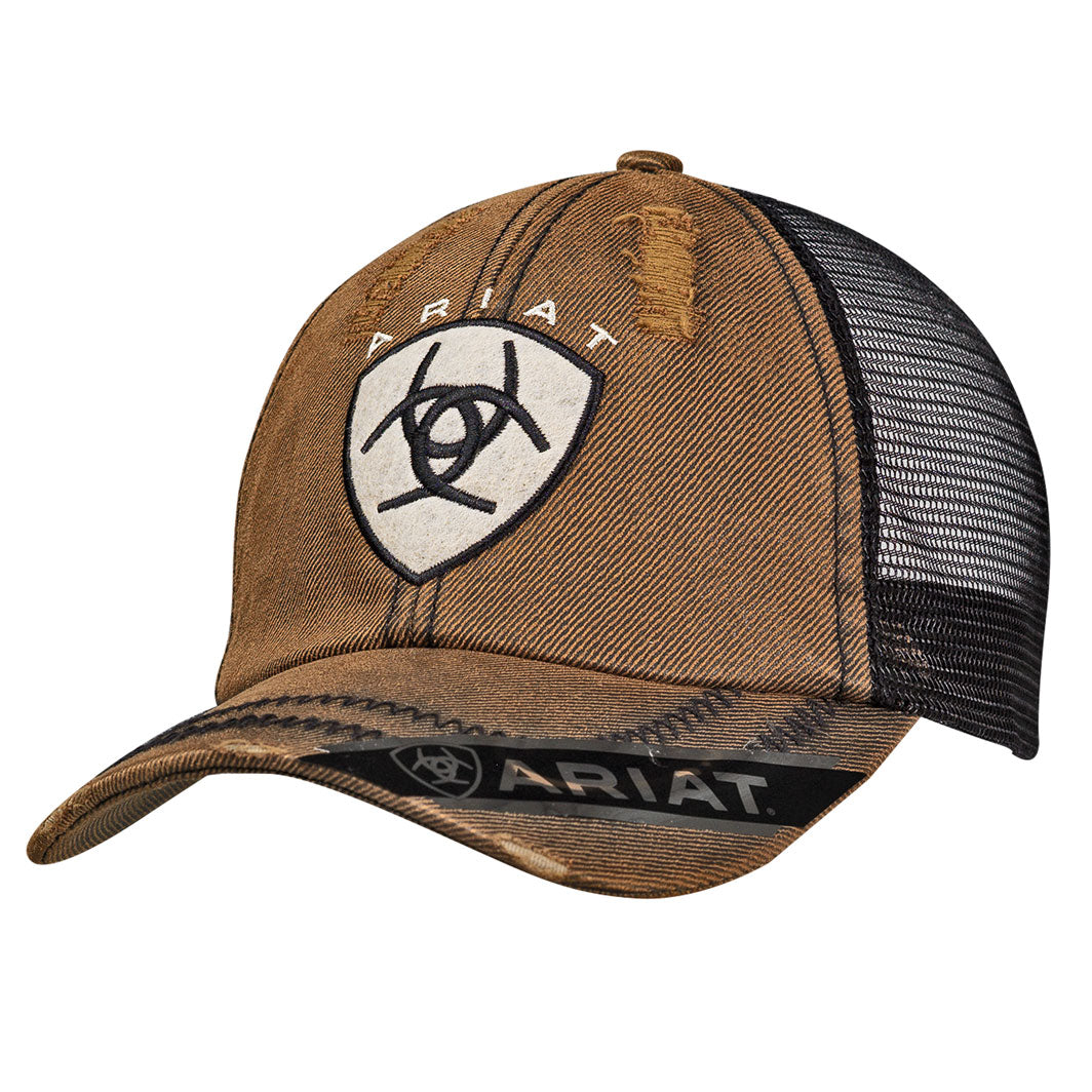 ARIAT MENS DISTRESSED SHIELD CAP - BROWN AND BLACK