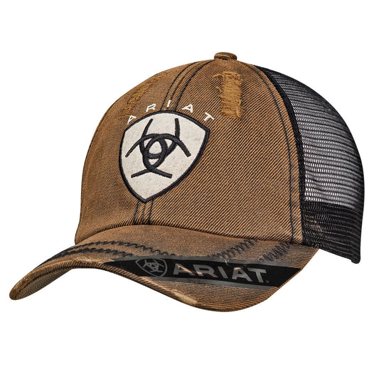 ARIAT MENS DISTRESSED SHIELD CAP - BROWN AND BLACK