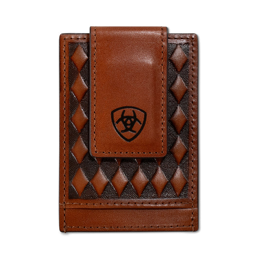 ARIAT MENS CARD CASE MONEY CLIP STYLE WALLET DIAMOND EMBOSSED BROWN