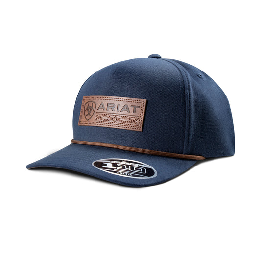 ARIAT MENS FLEXFIT 110 CAP SNAP BACK FAUX LEATHER PATCH NAVY
