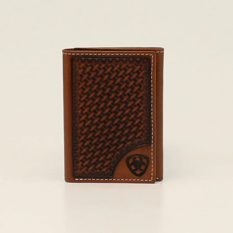 ARIAT MENS TRIFOLD WALLET BASKETWEAVE SHIELD - TAN