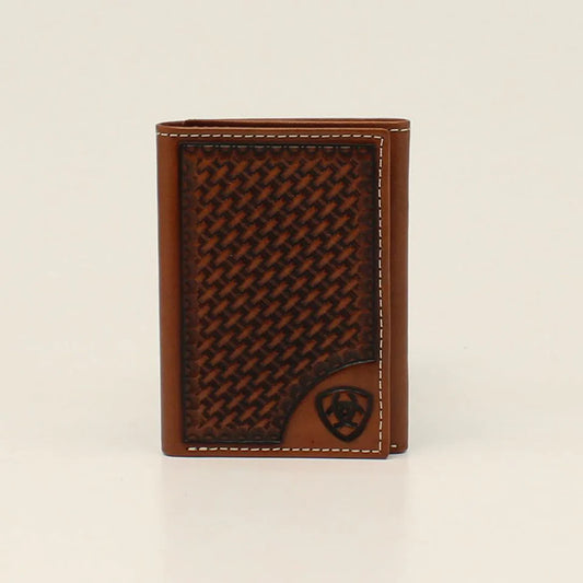 ARIAT MENS TRIFOLD WALLET BASKETWEAVE SHIELD - TAN