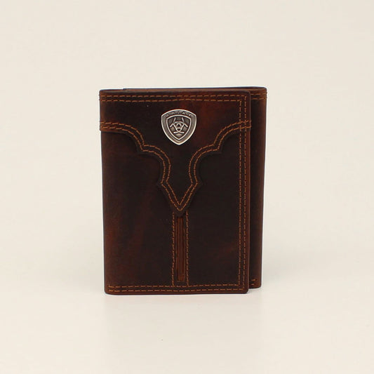 ARIAT MENS TRIFOLD WALLET CENTER BUMP SHIELD BROWN