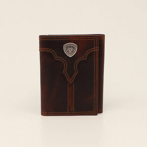 ARIAT MENS TRIFOLD WALLET CENTER BUMP SHIELD BROWN