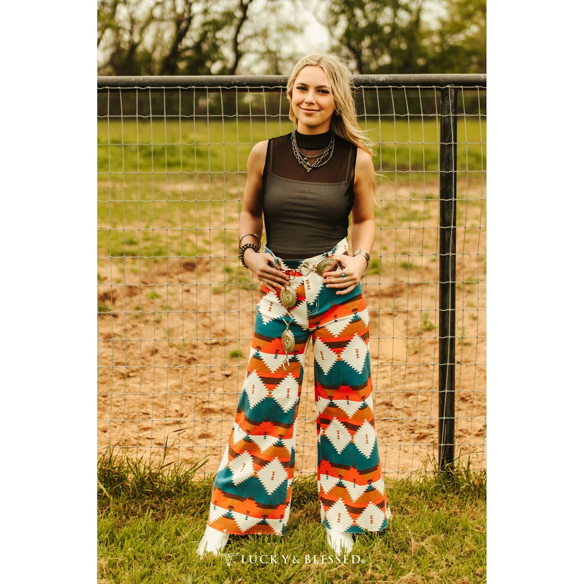 TEAL RED AZTEC PRINTED CROPPED WIDE LEG JEANS (28in Inseam)