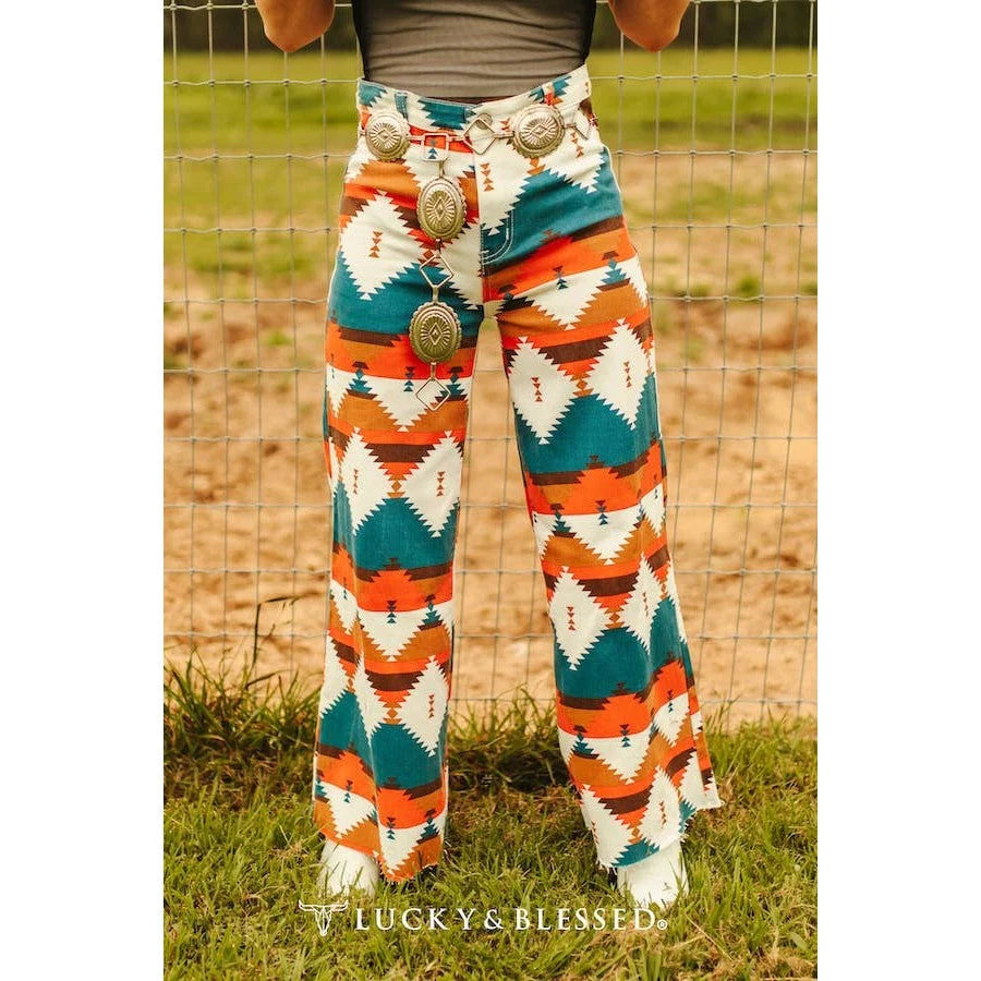 TEAL RED AZTEC PRINTED CROPPED WIDE LEG JEANS (28in Inseam)