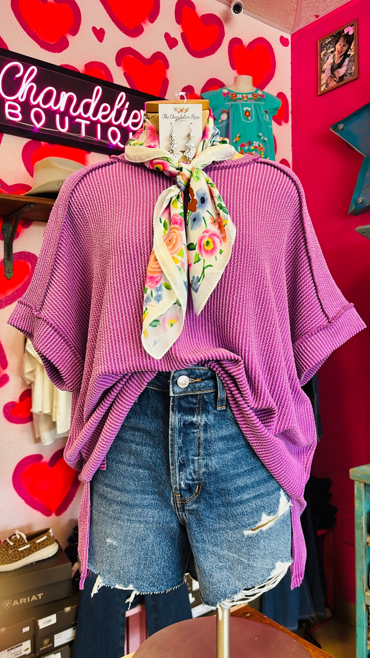 RAISED RIB CUFF SLEEVE RAW EDGE TOP - LIGHT PLUM