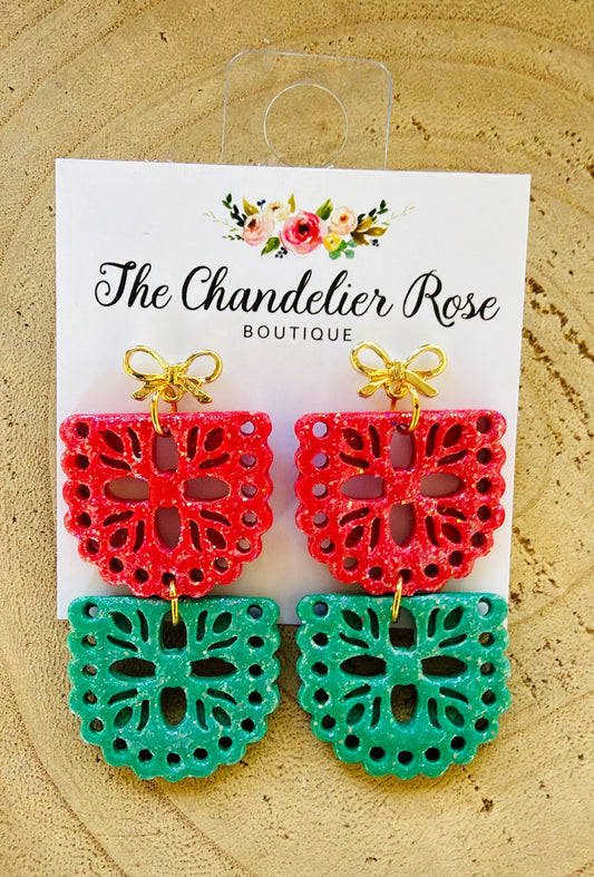 Red and Green 2 Tier Papel Picado Gold Bow Earrings