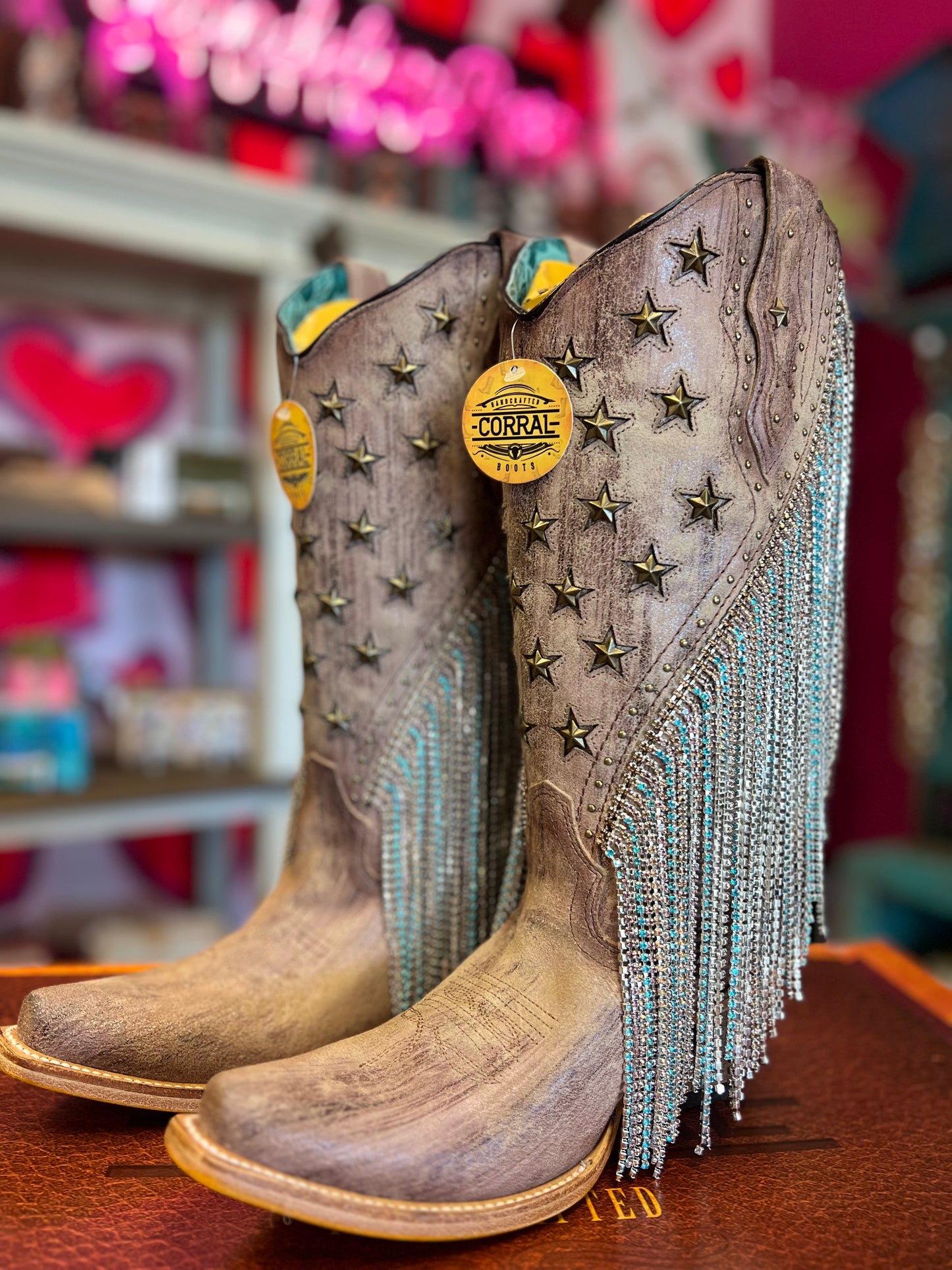 CORRAL WOMEN'S BROWN EMBROIDERY & STAR STUD FRINGE WESTERN BOOTS - A4625
