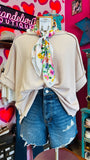 RAISED RIB CUFF SLEEVE RAW EDGE TOP - ASH MOCHA