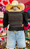 PUFF EMBRODIERY SLEEVE SMOCKED BODICE TOP - BLACK