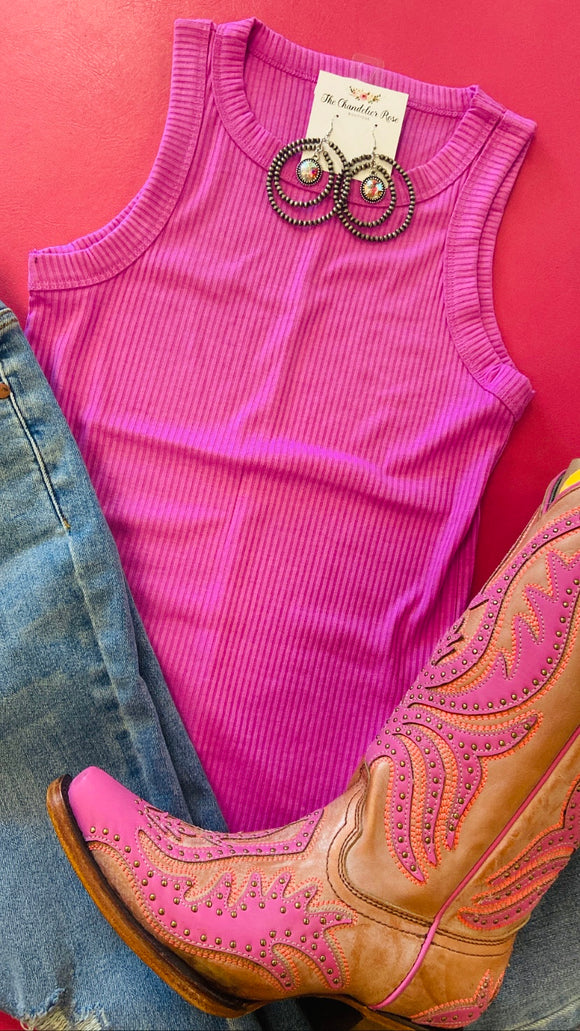RIBBED SCOOP NECK TANK TOP - BRIGHT MAUVE