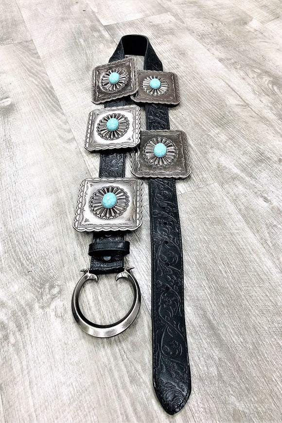 Black Tooled Squared Turquoise Concho Belt