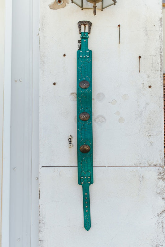 JADE GATOR GENUINE LEATHER STUDDED WIDE BELT