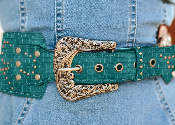 JADE GATOR GENUINE LEATHER STUDDED WIDE BELT