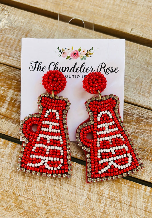 CHEER RED MEGAPHONE BEADED EARRINGS