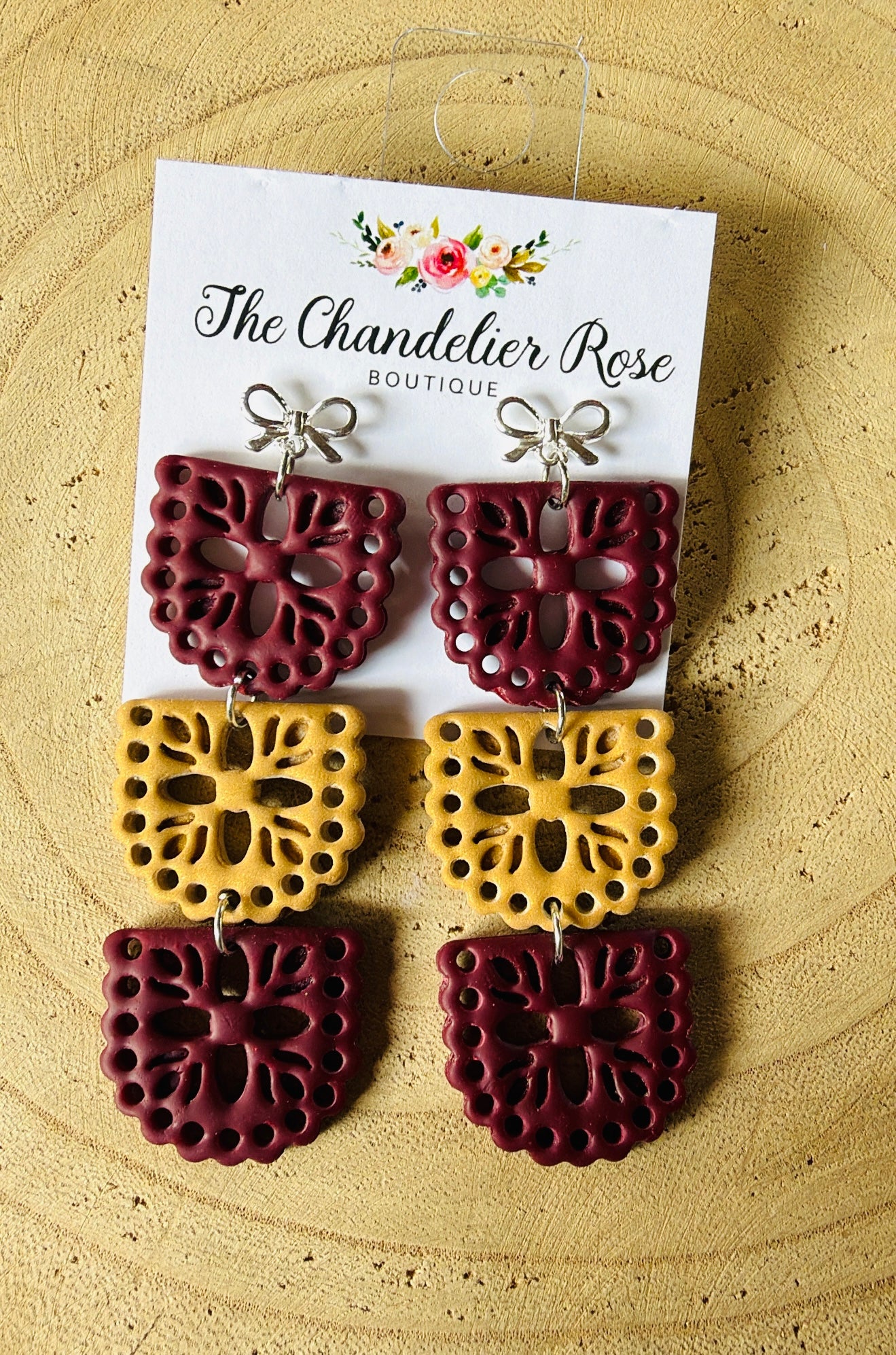 Maroon and Gold Papel Picado Earrings