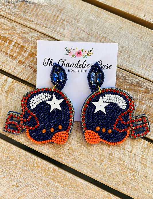 ORANGE, BLUE AND WHITE FOOTBALL BEADED STUD EARRINGS