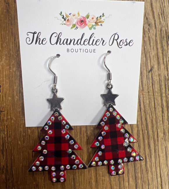 RED PLAID CHRISTMAS TREE STAR EARRINGS