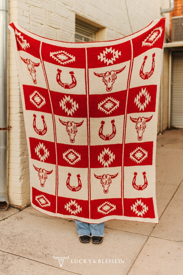 Red Cream Western Aztec Printed Knitted Polyester Microfiber Blanket (50in x 60in)