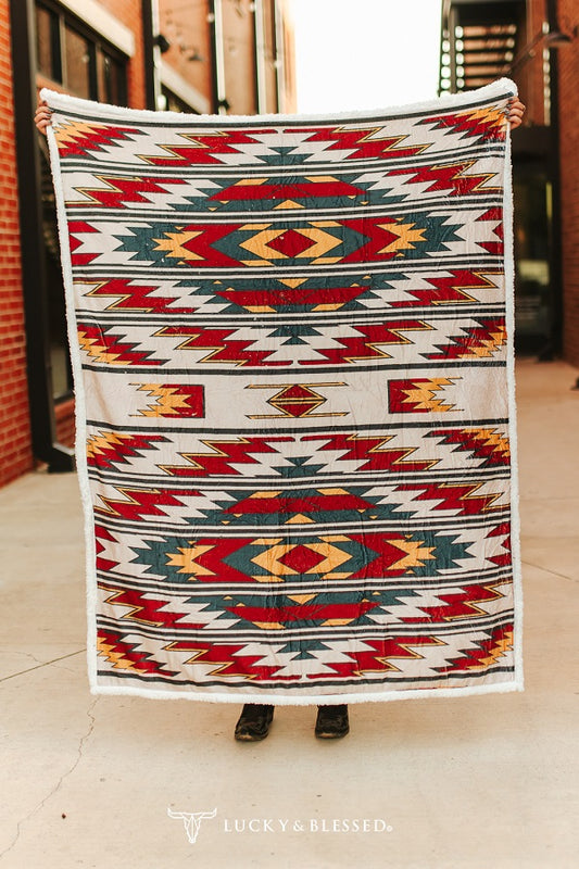 Southwestern Aztec Fleece Knitted Blanket W Fluffy Ivory Sherpa