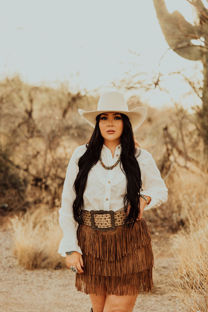 IVORY EYELET BUTTON UP BLOUSE WITH RUFFLE ACCENTS