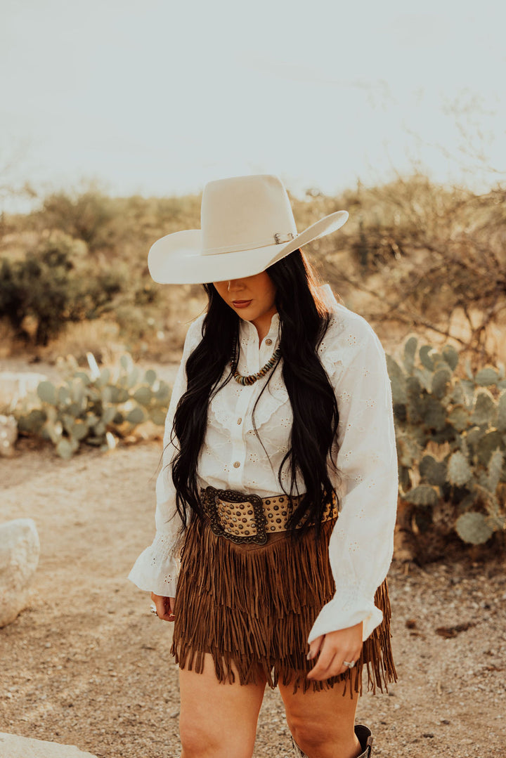 IVORY EYELET BUTTON UP BLOUSE WITH RUFFLE ACCENTS