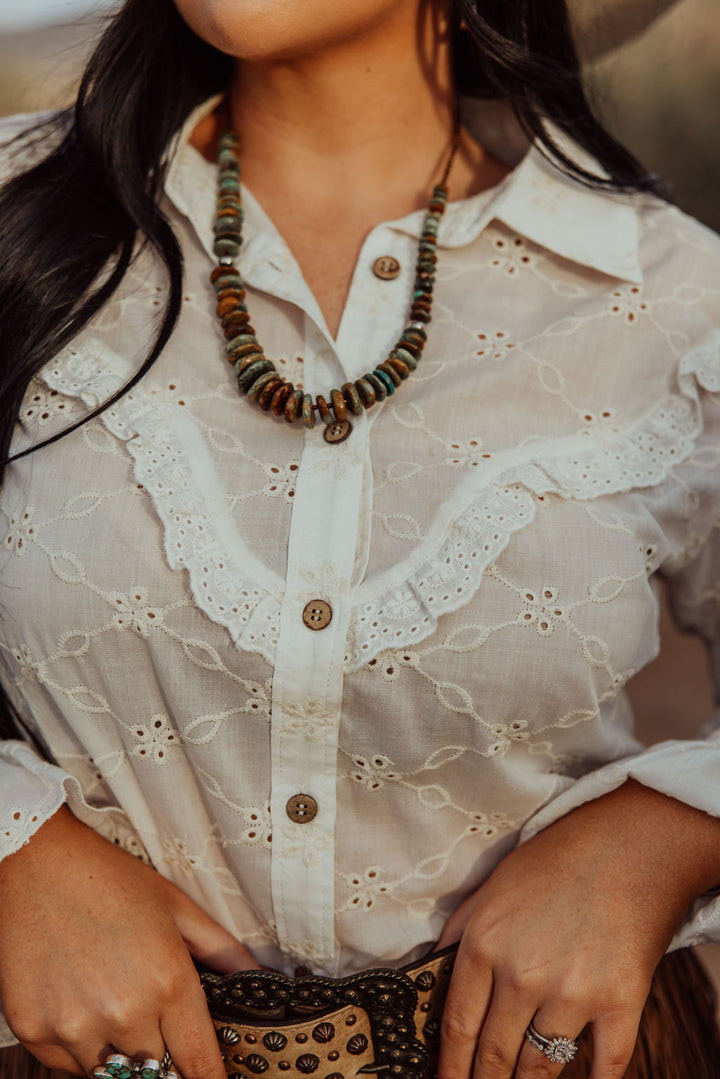 IVORY EYELET BUTTON UP BLOUSE WITH RUFFLE ACCENTS