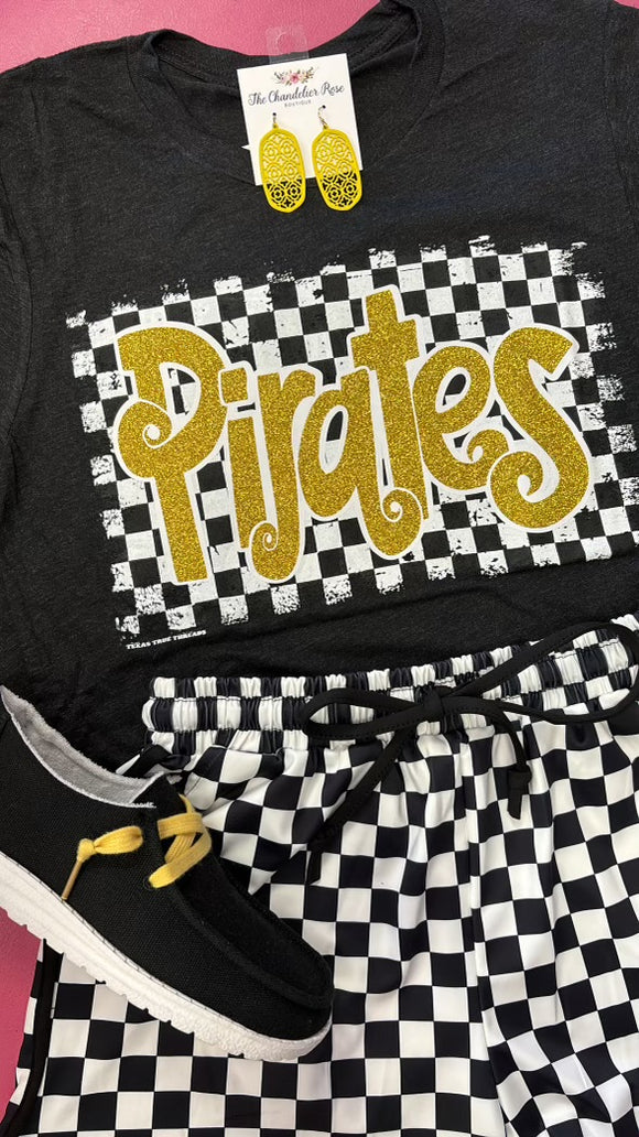 CHECKERED MASCOT PIRATES TEE - YELLOW GLITTER