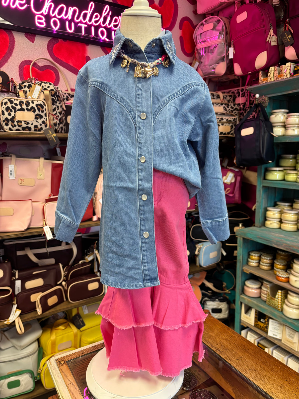 GIRLS DARK WASH BUTTON DOWN SHIRT W BOOT STITCHED EMBROIDERED COLLAR