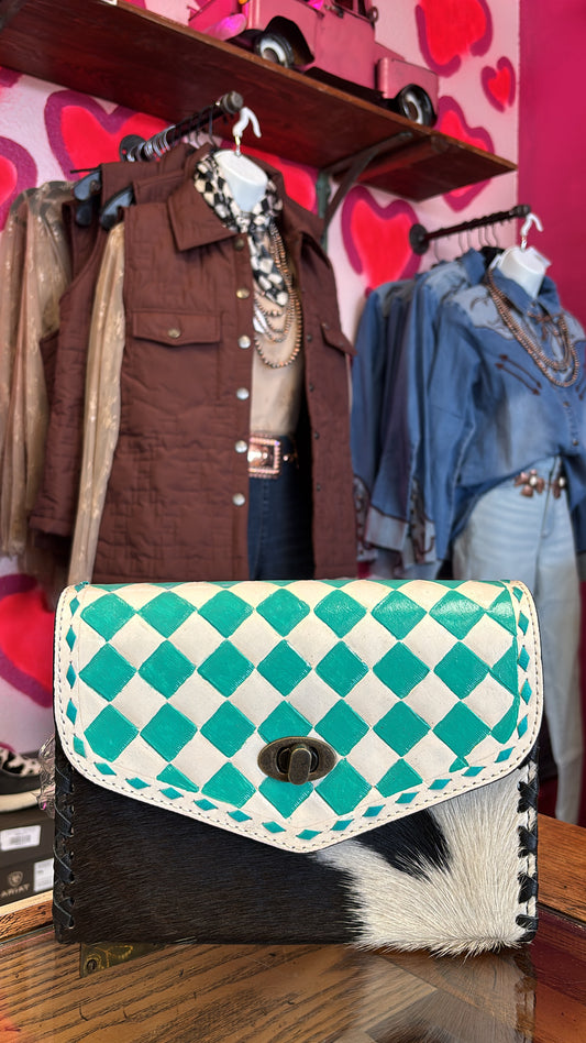 TURQUOISE CHECKERED TOOLED & COWHIDE CROSSBODY BAG - BLACK AND WHITE