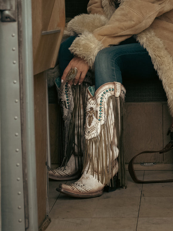 CORRAL WOMEN'S BEIGE EMBROIDERY AND CRYSTALS EAGLE FRINGE WESTERN BOOTS - C4088