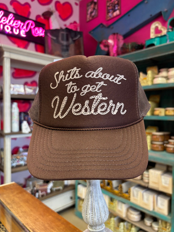 SHITS ABOUT TO GET WESTERN ROPE PRINTETRUCKER CAP - BROWN