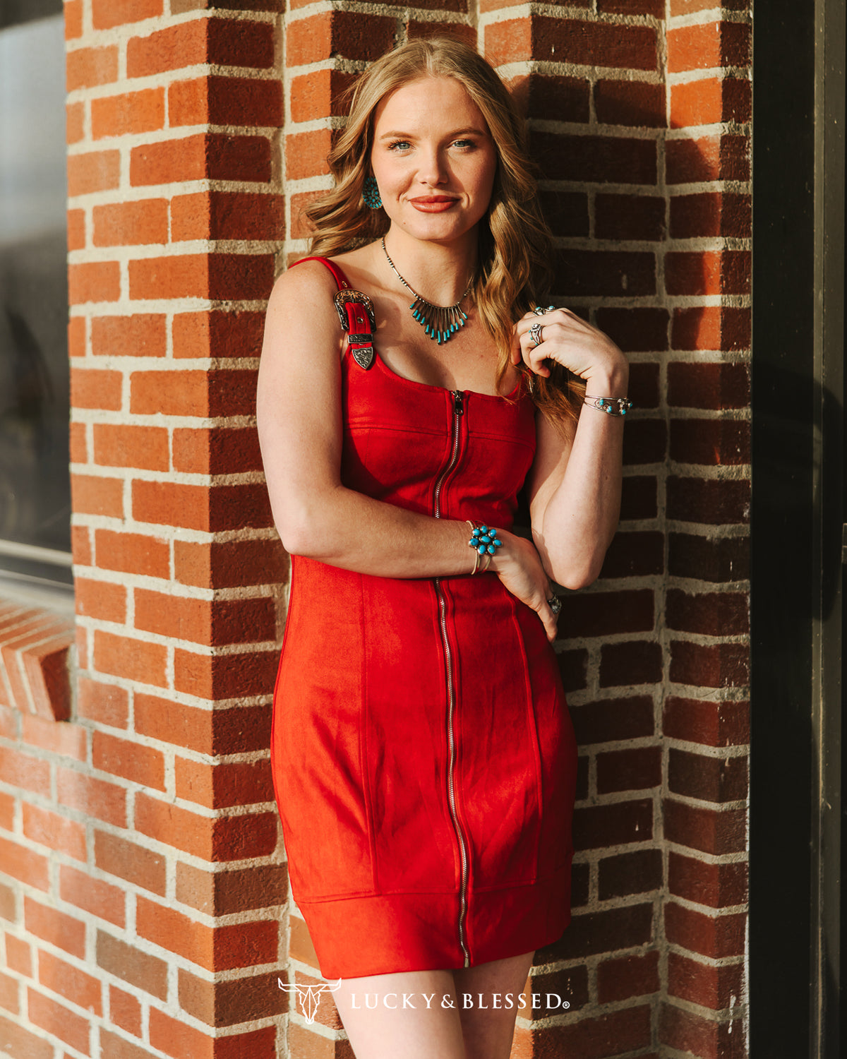 STRETCH SUEDE BUCKLE STRAP CORSET DRESS - RED