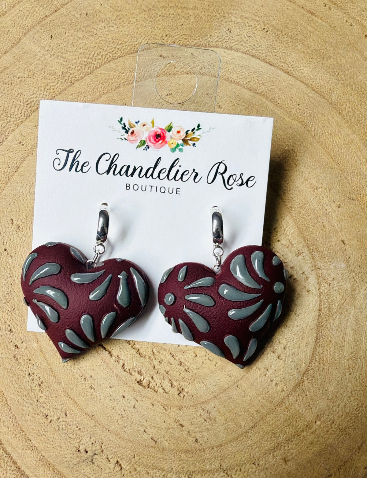 Maroon & Silver Heart Earrings