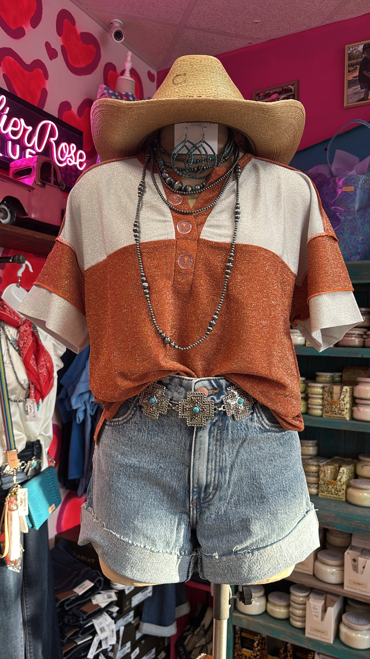 GAME DAY SHIMMERY TOP WITH ACCENT BUTTONS - BURNT ORANGE