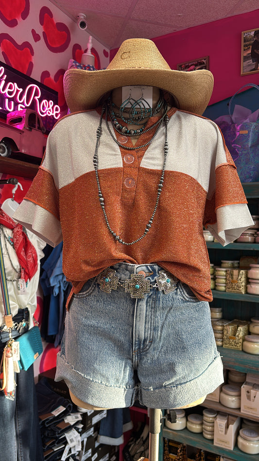 GAME DAY SHIMMERY TOP WITH ACCENT BUTTONS - BURNT ORANGE