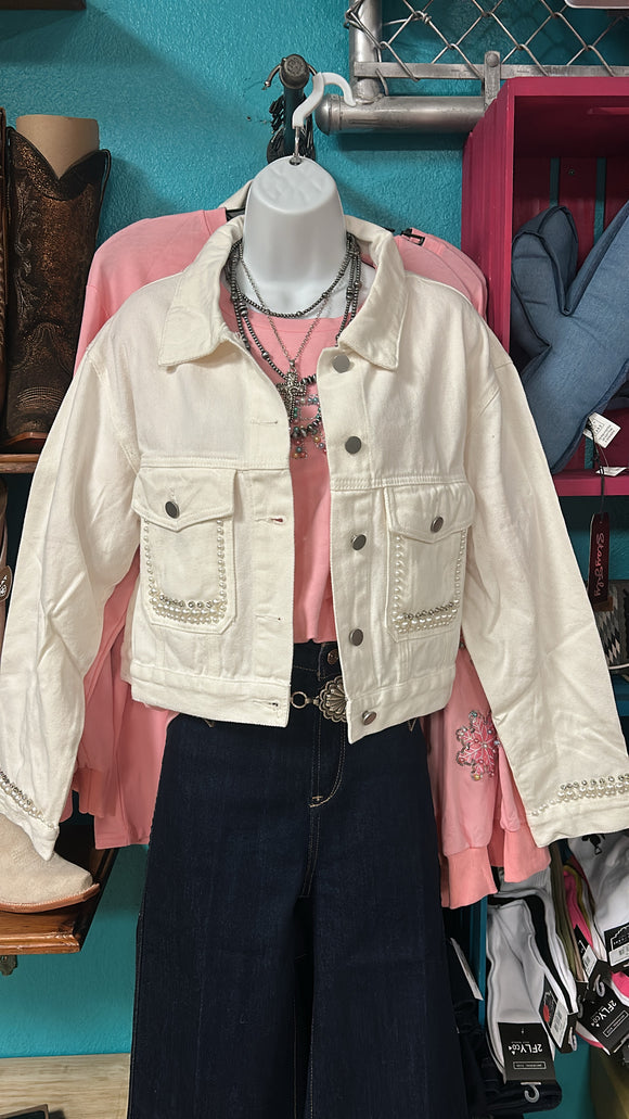 WHITE DENIM PEARL POCKET JACKET