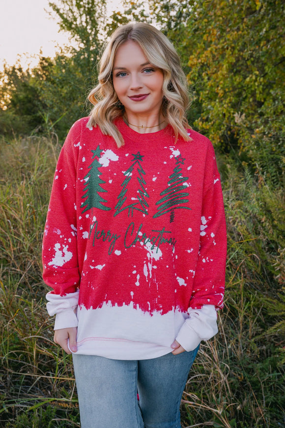 GLITTER PRINT CHRISTMAS TREES BLEACHED SWEATER - RED