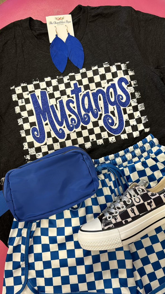 CHECKERED MASCOT MUSTANGS TEE - ROYAL BLUE GLITTER