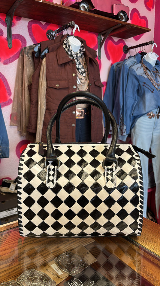 CHECKERED LEATHER TOOLED medium TOTE CROSSBODY  BAG - BLACK
