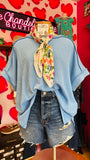 RAISED RIB CUFF SLEEVE RAW EDGE TOP - SKY BLUE
