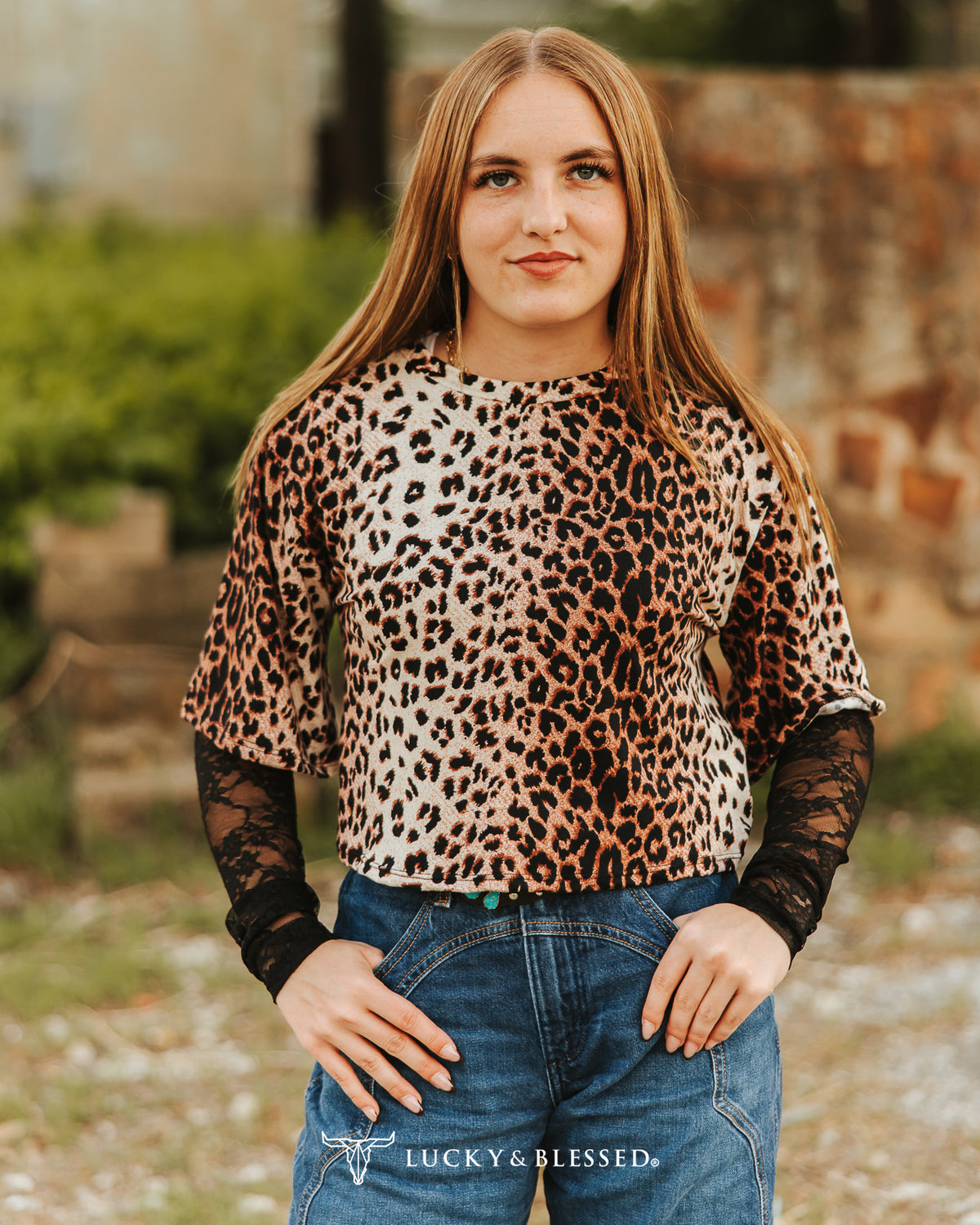 BROWN LEOPARD  RELAXED FIT SHIRT WITH BLACK LACE SLEEVES
