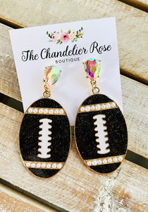 FOOTBALL PEARL AND RHINESTONE STUD EARRINGS - BLACK